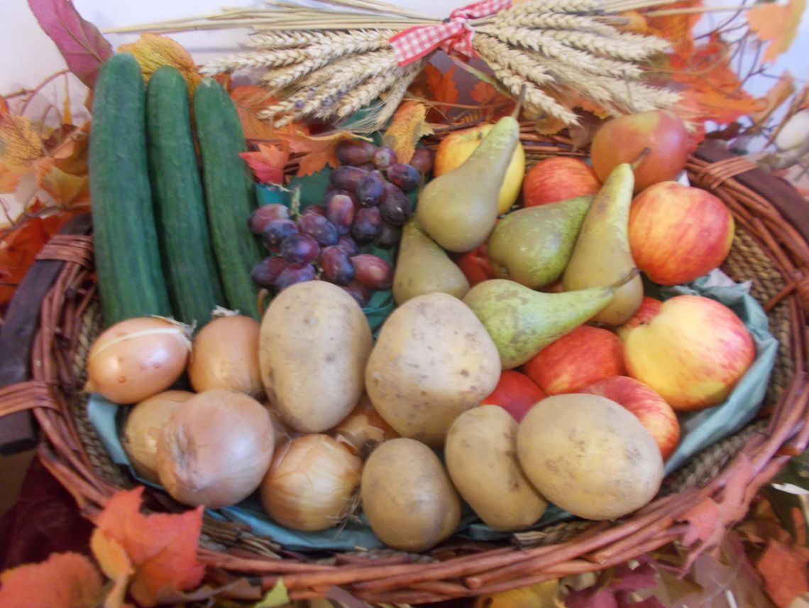 Das Bild zeigt einen Korb mit Obst und Gemüse